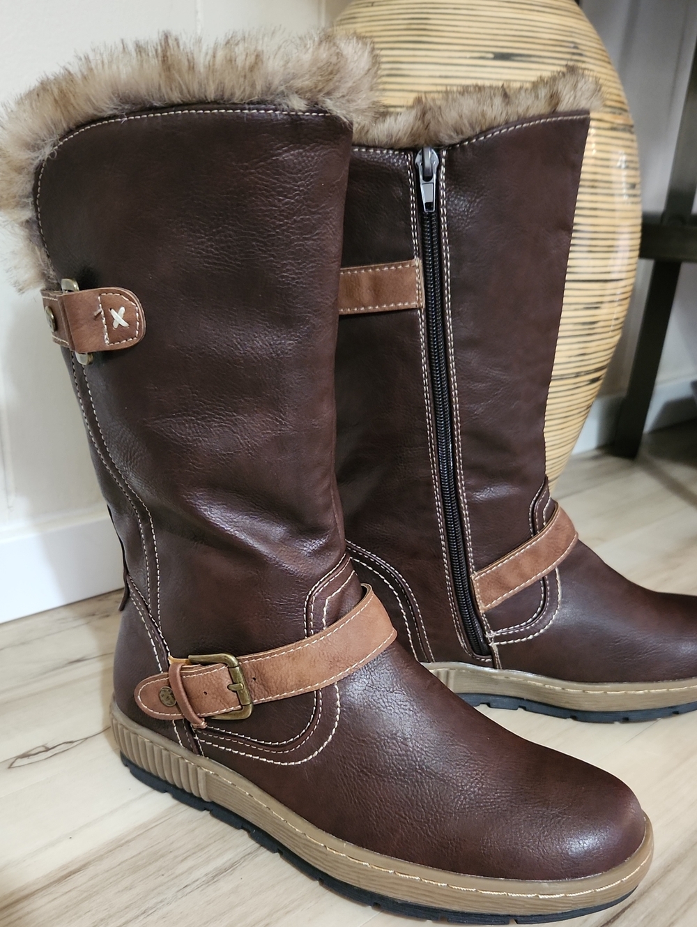Pavers Faux Fur-Lined Calf Boot Brown Side Zip Size EU40 US9